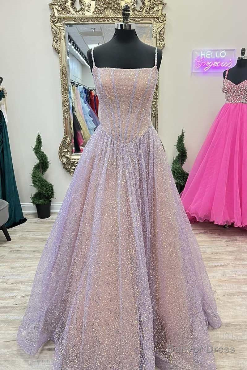 Princess Pink Sequins Straps A Line Prom Gowns