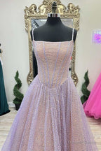 Princess Pink Sequins Straps A Line Prom Gowns