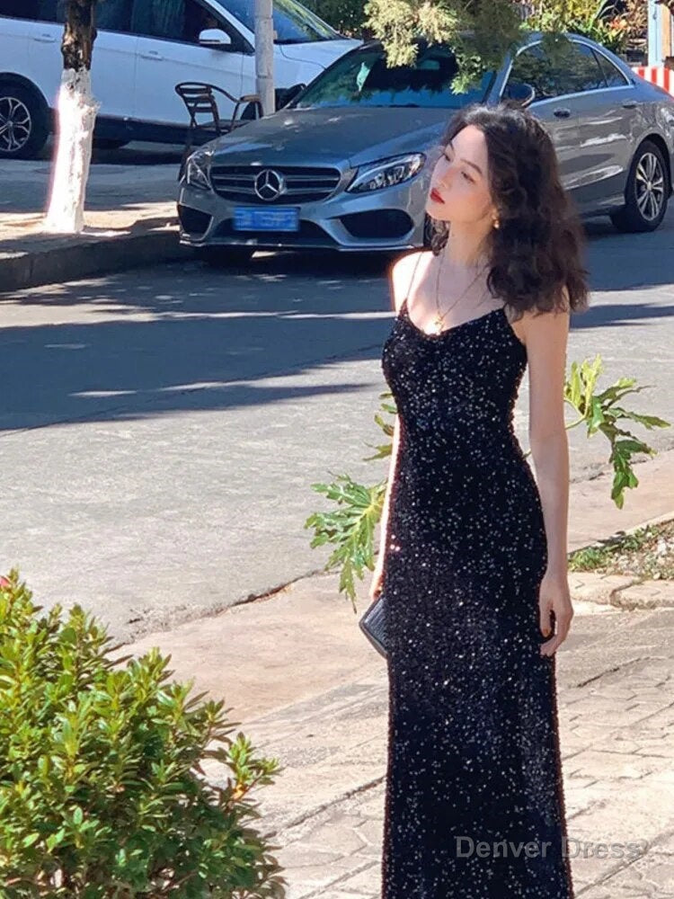 Black Women Sexy Sequin Strap Dress Spring Summer Elegant Vintage Prom Club Dresses Fashion One Piece Clothes