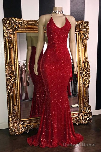 Sequins Sleeveless Mermaid Long Prom Dresses Glitter New Arrival Halter Red Evening Gowns Main image