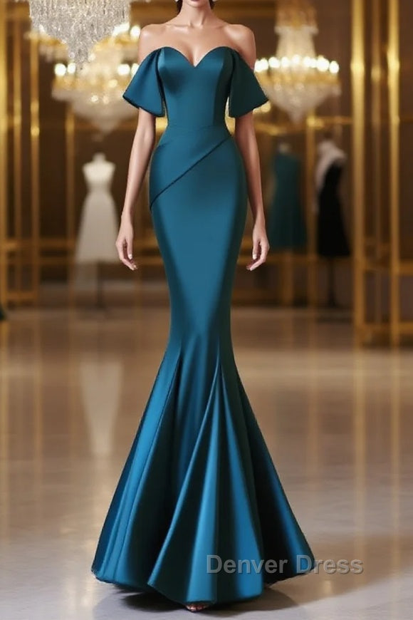 Simple Off Shoulder Satin Ink Blue Long Prom Dresses, Ink Blue Long Formal Dresses Main image