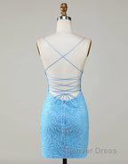 Sparkly Blue Beaded Lace Up Tight Short Homecoming Dresses