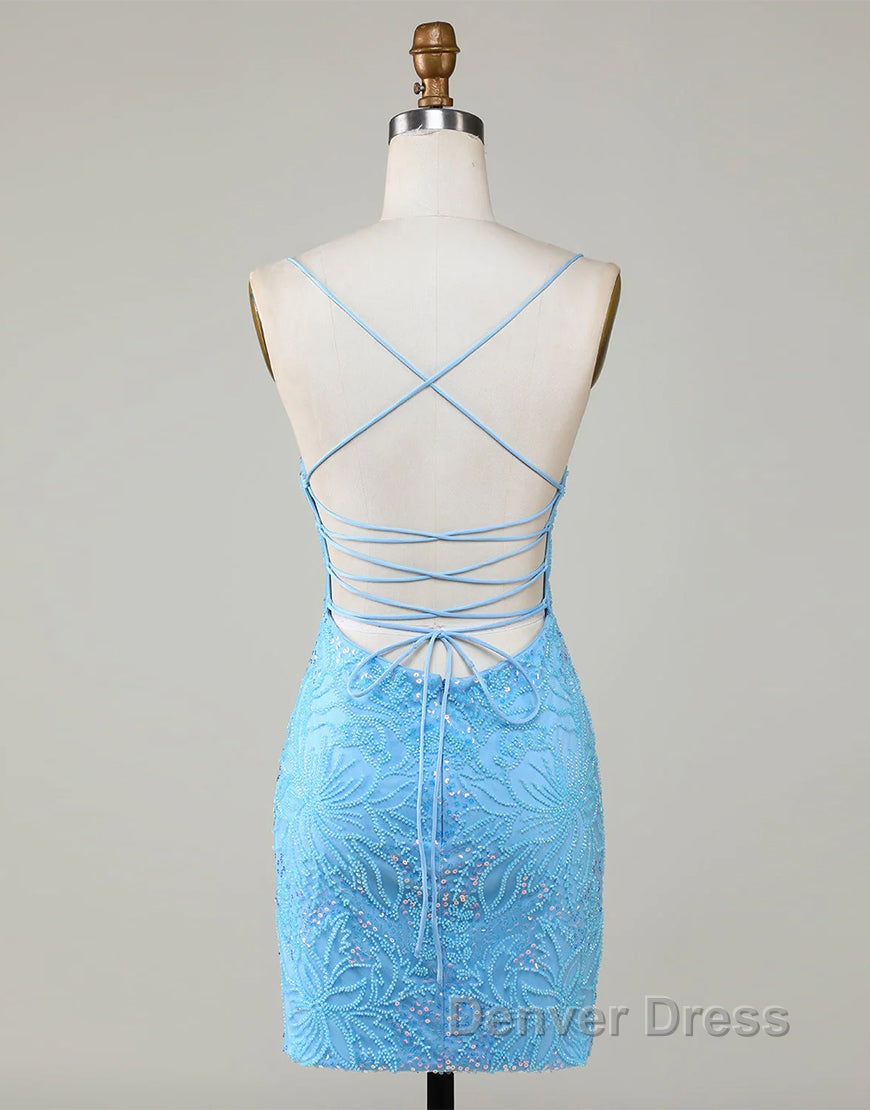 Sparkly Blue Beaded Lace Up Tight Short Homecoming Dresses