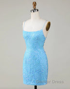 Sparkly Blue Beaded Lace Up Tight Short Homecoming Dresses