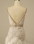 Gorgeous White Spaghetti Straps Beaded Homecoming Dress With Feather