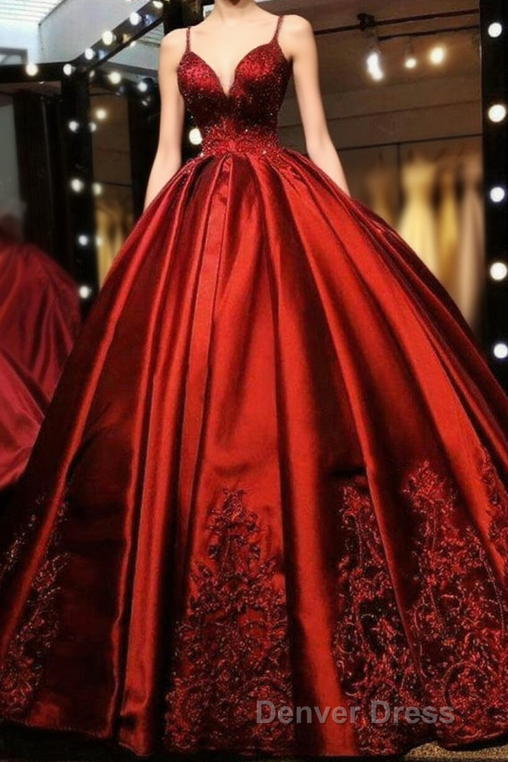 Gorgeous Spaghetti Straps Sweetheart With Lace Appliques Ball Gowns Prom Dresses