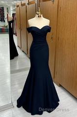 Long Navy Prom Dresses Mermaid Off-the-Shoulder Sweetheart Sleeveless