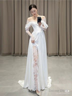 Ivory Lace Satin Wedding Dress, Off The Shoulder Bridal Dresses