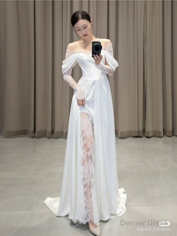 Ivory Lace Satin Wedding Dress, Off The Shoulder Bridal Dresses