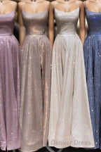 A-Line Sparkle Split Backless Evening Dresses  Long Prom Dresses With Pocket