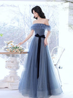 Gray Blue Tulle Long Prom Dress Gray Blue Tulle Prom Dresses