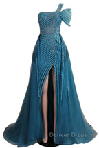 One Shoulder Beading Sweep Train Backless Prom Dresses