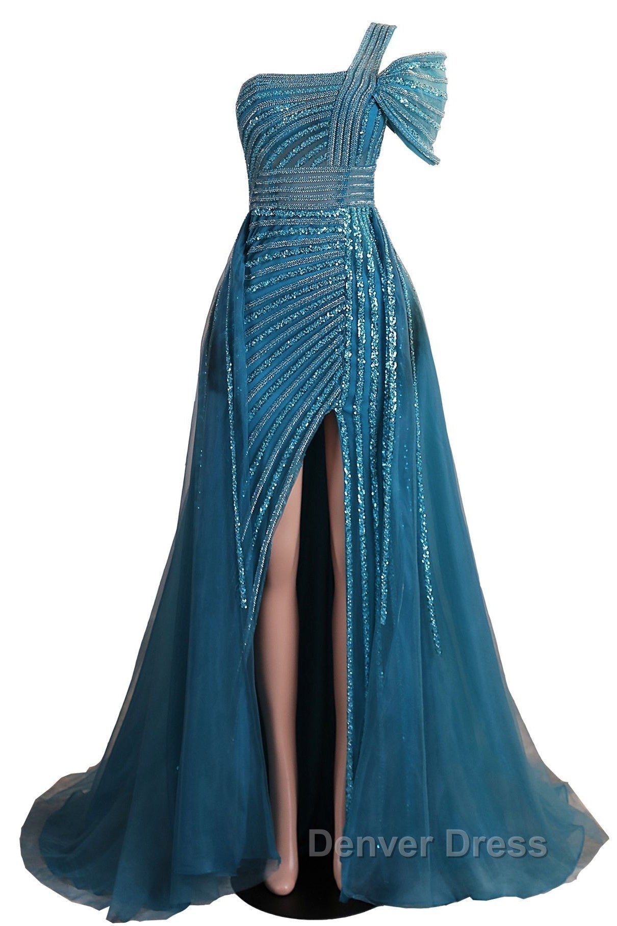 One Shoulder Beading Sweep Train Backless Prom Dresses