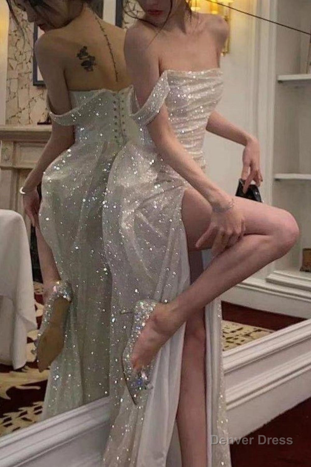 Elegant Mermaid Off the Shoulder Silver Sequins Long Prom Dresses with Split Front Secondary image