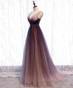 Simple V Neck Tulle Long Prom Dresses, Tulle Evening Dresses