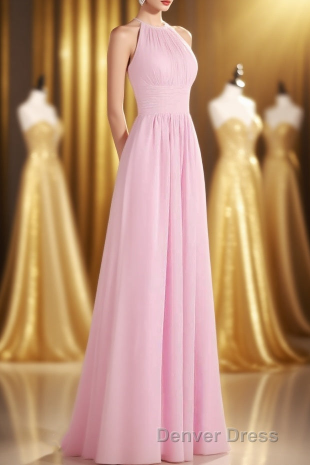 Pink Chiffon Halter Sleeveless A Line Long Bridesmaid Dresses Main image