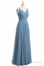 Simple Dusty Blue V Neck Backless A Line Long Bridesmaid Dresses