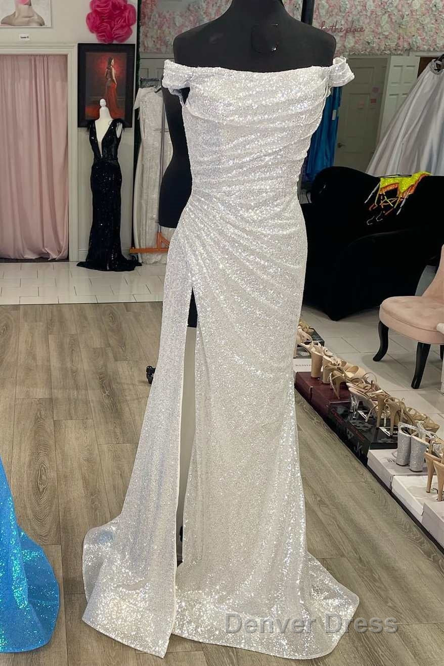 Blue Sequin Off-the-Shoulder Mermaid Long Prom Dresses with Slit