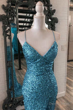 Blue Sequin V-Neck Lace-Up Mermaid Long Dress with Slit