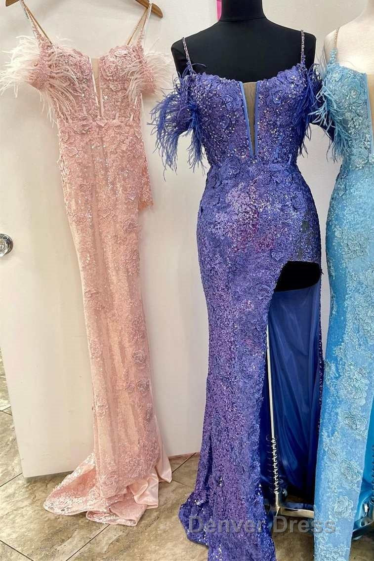 Sequin Feather Cold-Shoulder Mermaid Long Prom Dresses with Slit Secondary image
