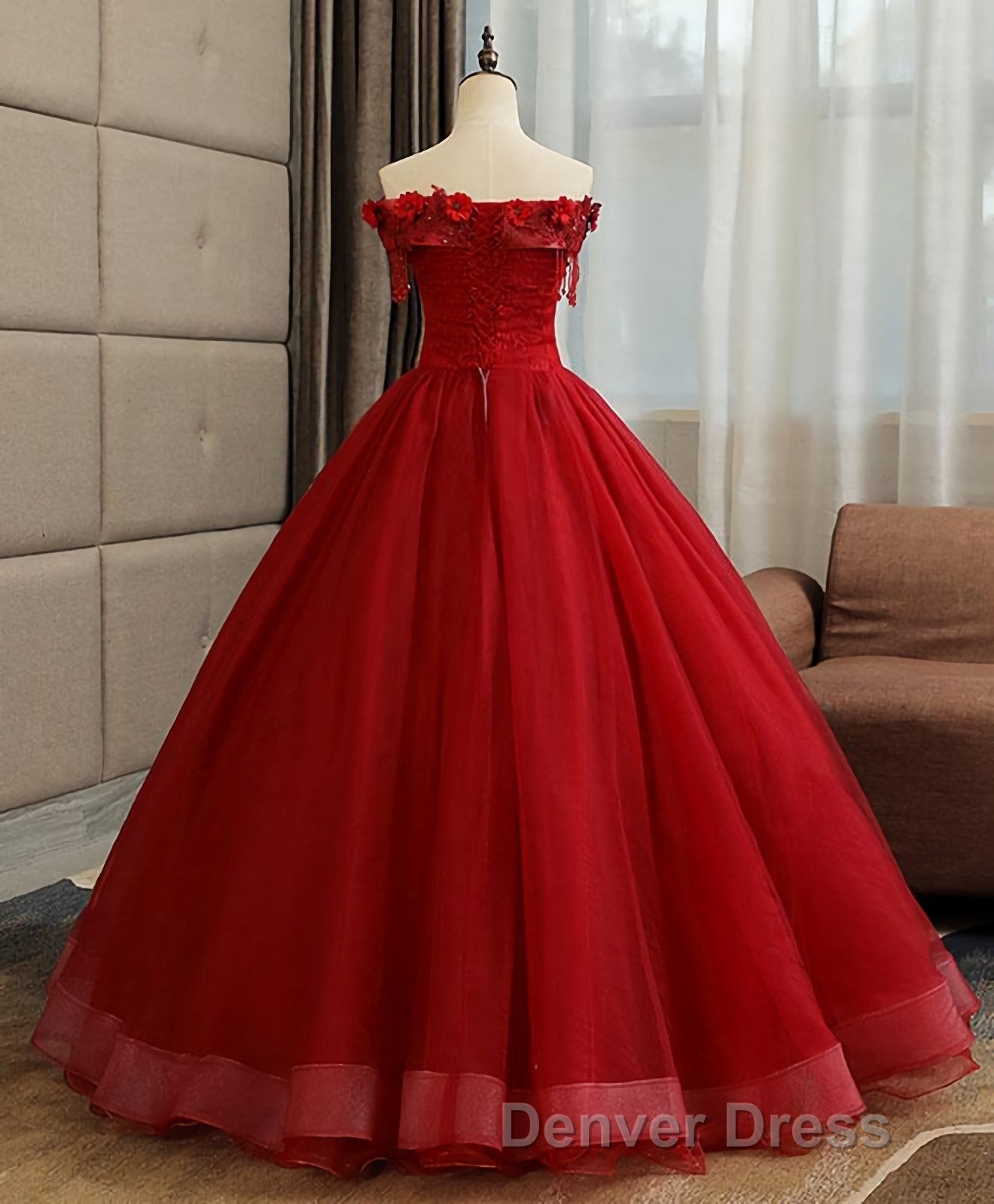Burgundy Tulle Lace Long Prom Gown Burgundy Tulle Lace Formal Dresses Secondary image