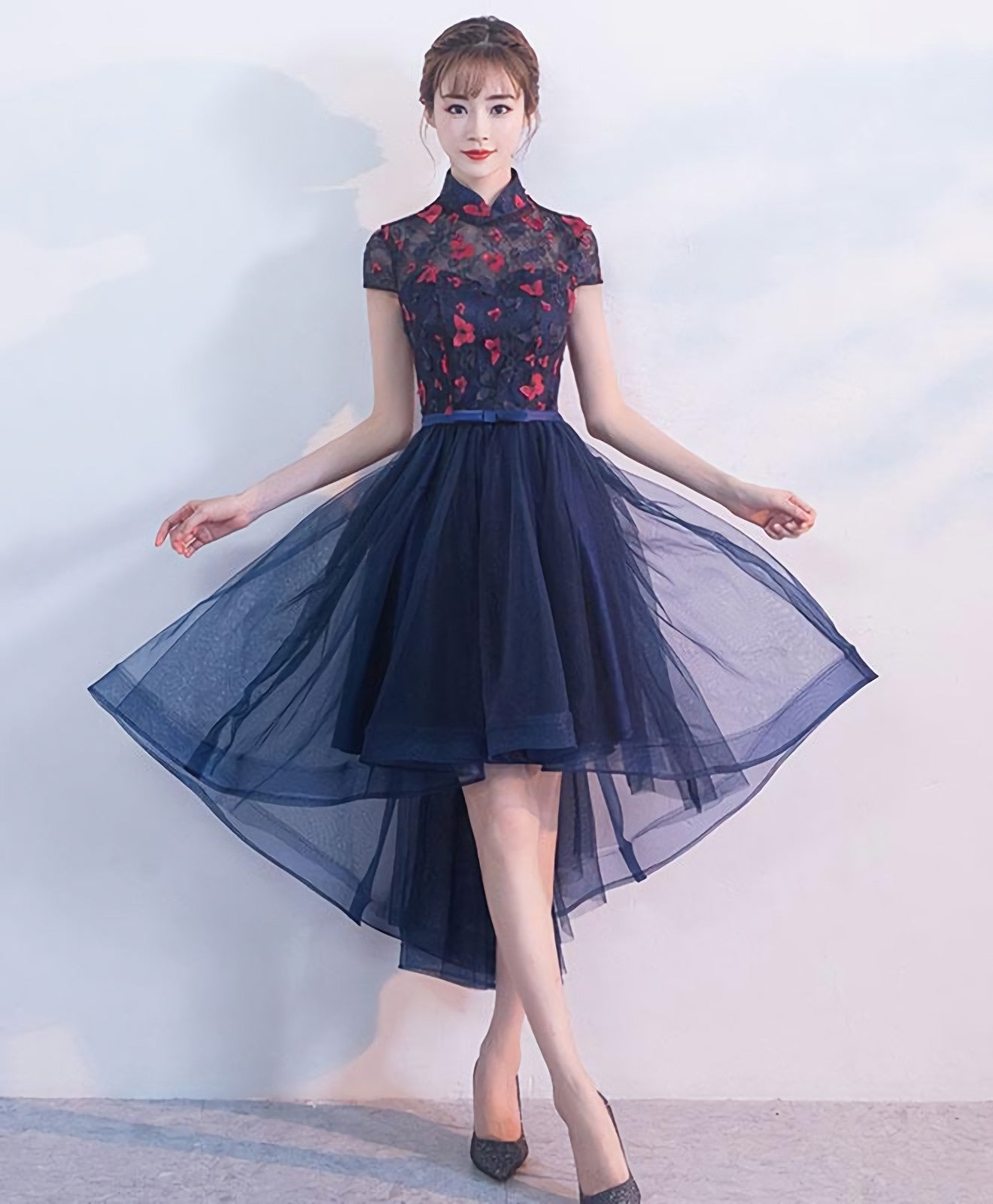 Blue Tulle Lace High Low Prom Dress, Blue Homecoming Dresses