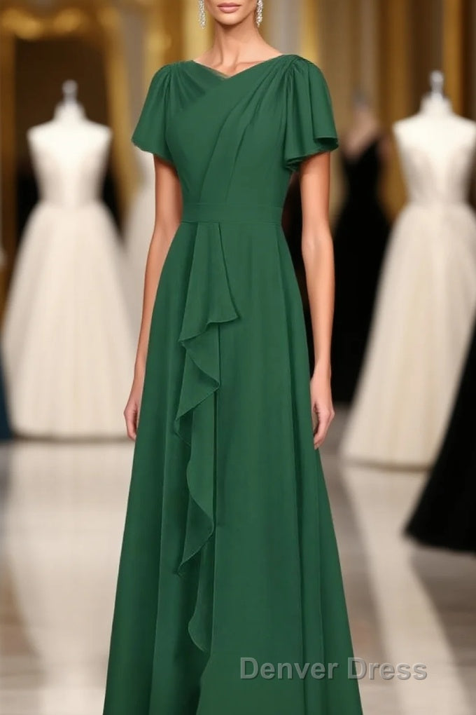 Hunter Green Chiffon Ruffled Long Bridesmaid Dresses