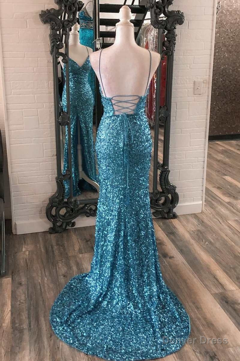 Blue Sequin V-Neck Lace-Up Mermaid Long Dress with Slit Secondary image