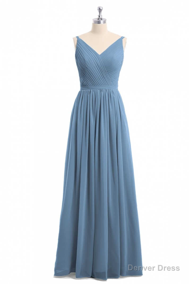 Simple Dusty Blue V Neck Backless A Line Long Bridesmaid Dresses Main image