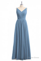 Simple Dusty Blue V Neck Backless A Line Long Bridesmaid Dresses