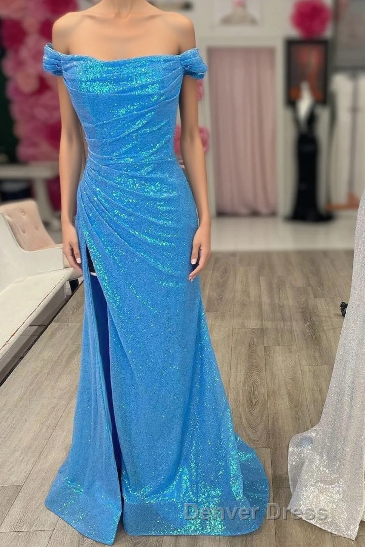 Blue Sequin Off-the-Shoulder Mermaid Long Prom Dresses with Slit