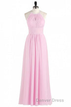 Pink Chiffon Halter Sleeveless A Line Long Bridesmaid Dresses