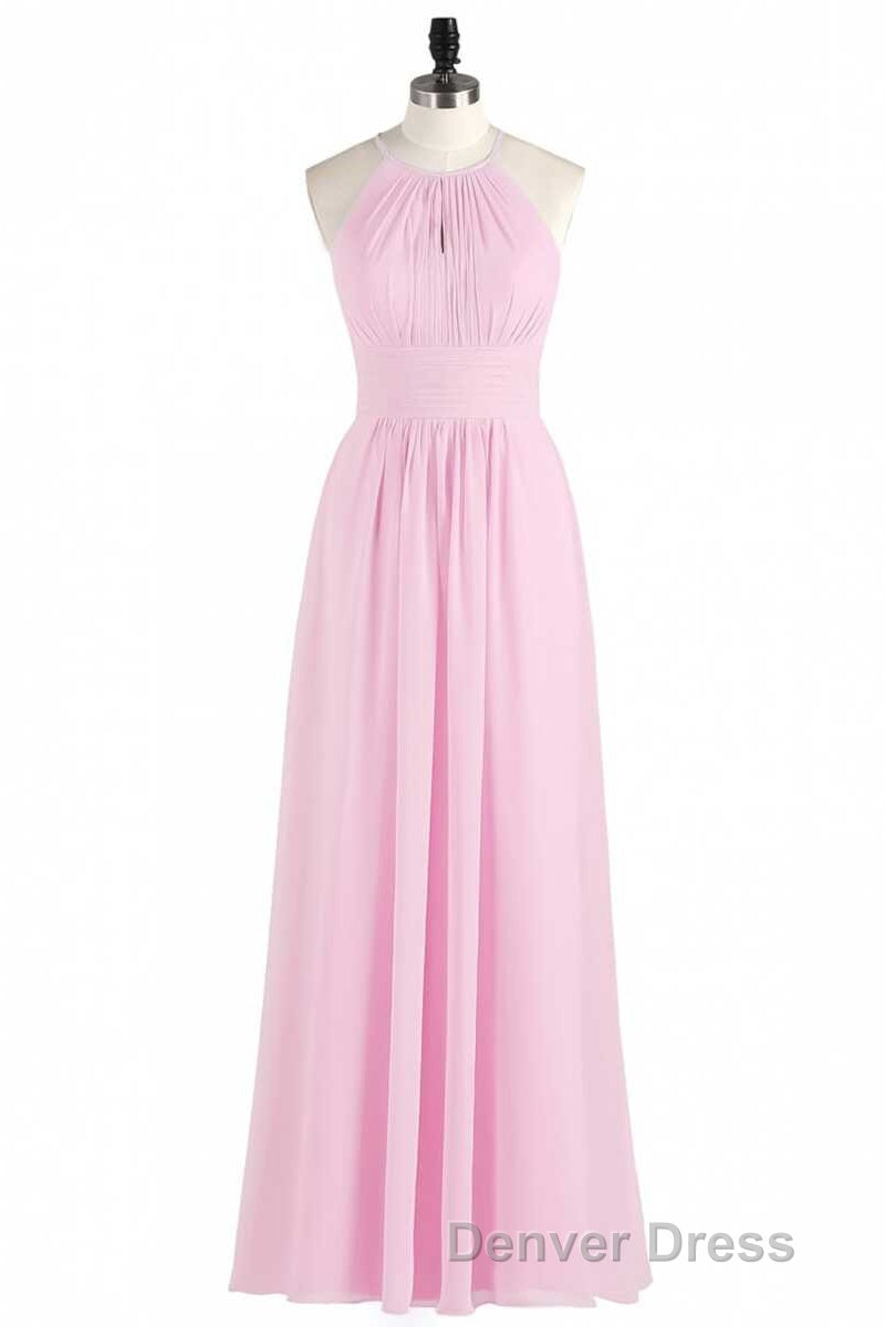 Pink Chiffon Halter Sleeveless A Line Long Bridesmaid Dresses