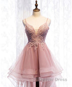 Pink Tulle Lace High Low Prom Dress, Pink Homecoming Dresses, 1