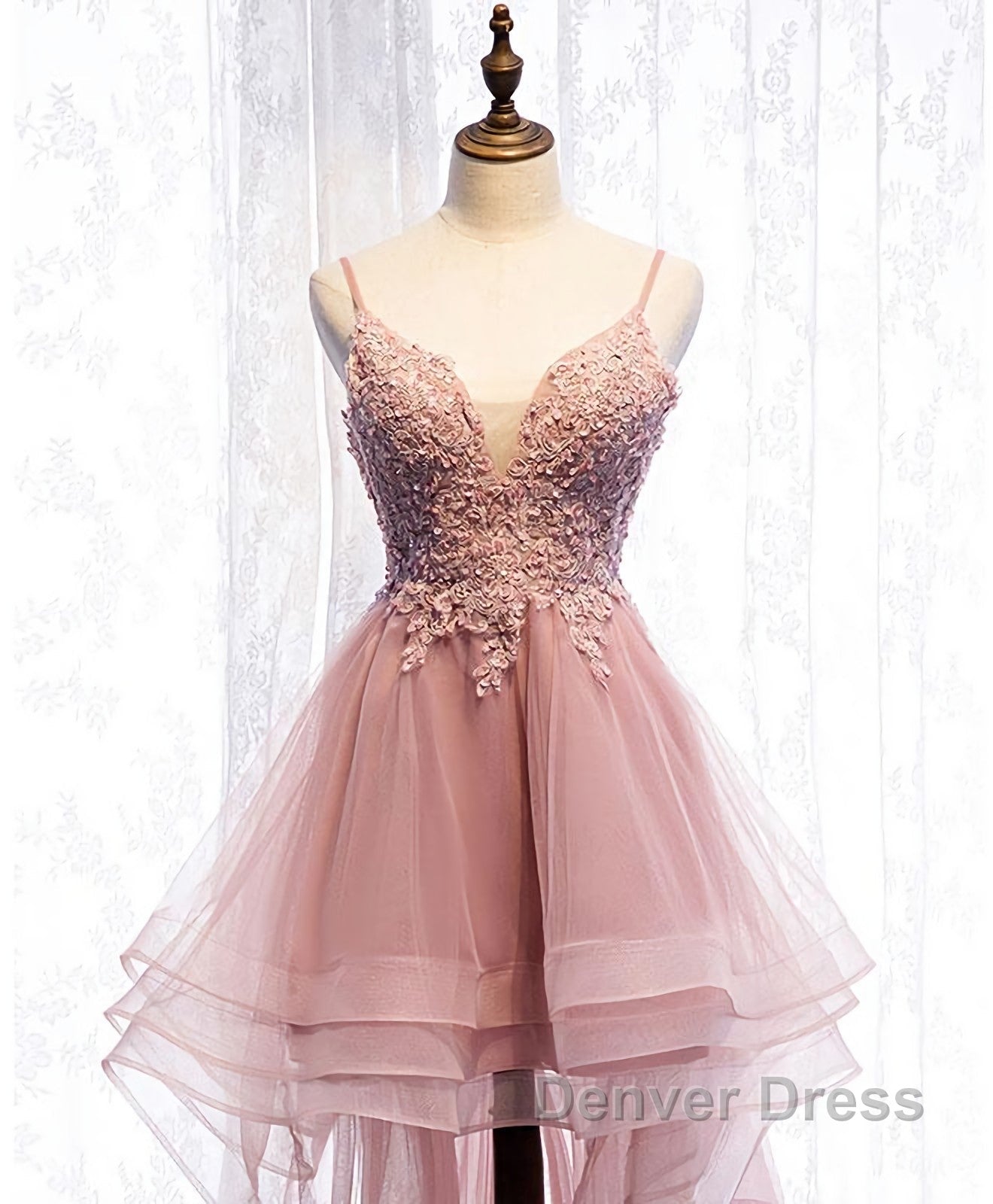 Pink Tulle Lace High Low Prom Dress, Pink Homecoming Dresses, 1