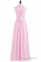 Pink Chiffon Halter Sleeveless A Line Long Bridesmaid Dresses