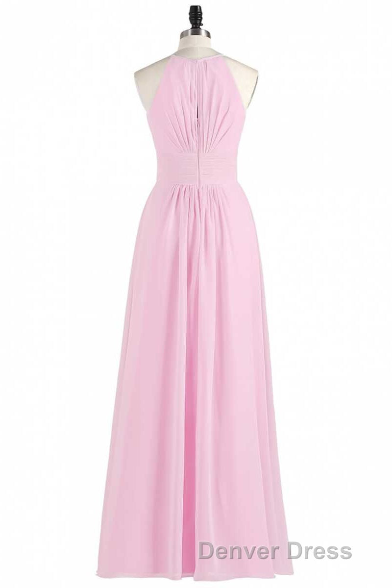 Pink Chiffon Halter Sleeveless A Line Long Bridesmaid Dresses