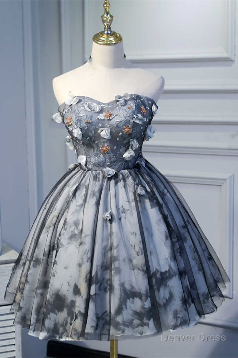 Flowers Strapless Lace Up A Line Short Homecoming Dresses