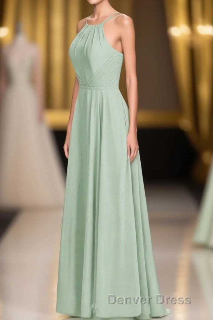 Sage Green Chiffon Halter A-Line Long Bridesmaid Dresses