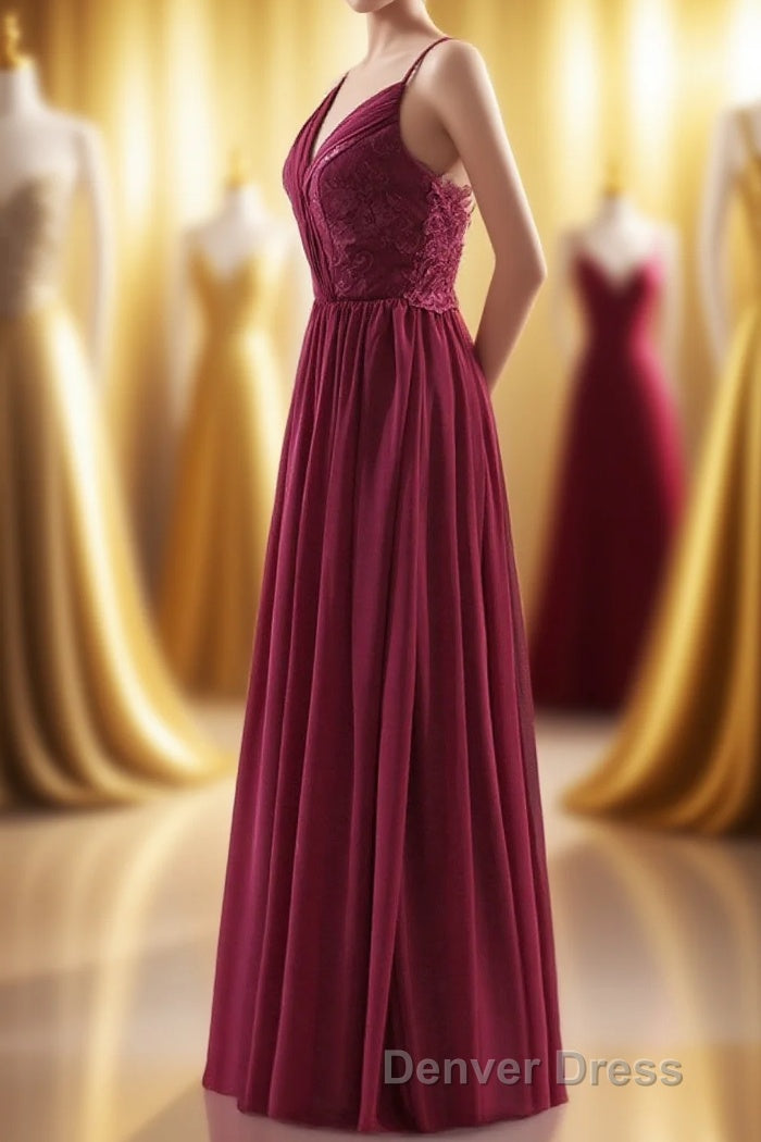 Wine Red Chiffon A-line Long Pleated Bridesmaid Dresses Main image