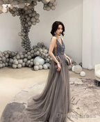 Gray V Neck Tulle Beads Long Prom Dress Gray Tulle Prom Dresses