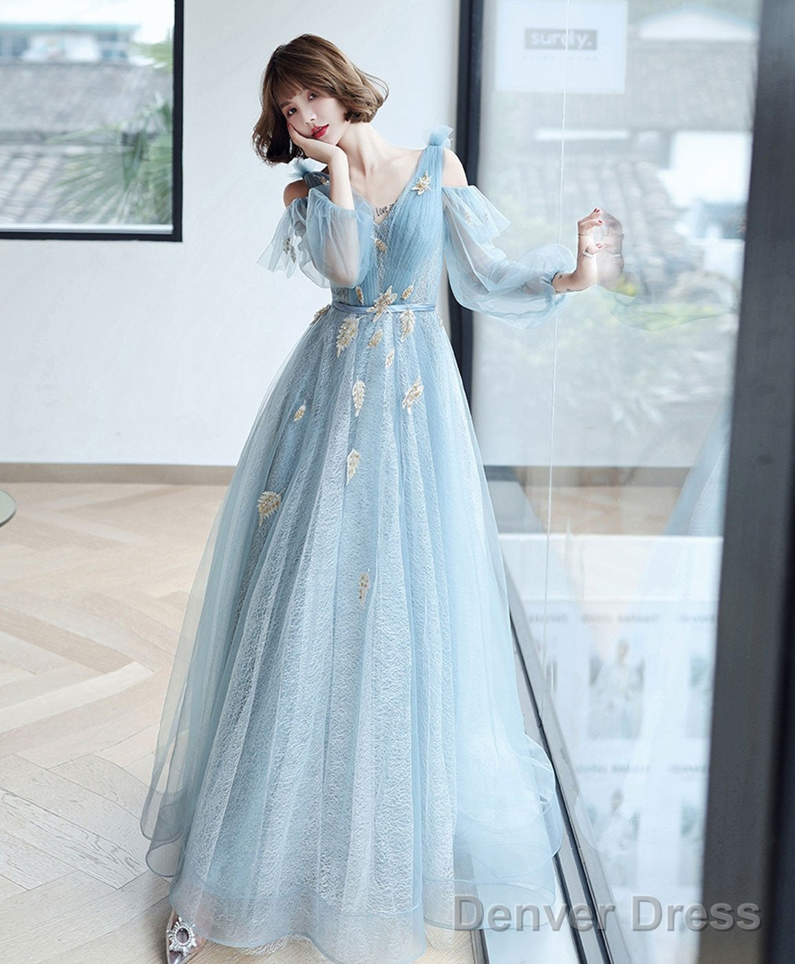 Blue V Neck Tulle Lace Long Prom Dress Blue Lace Formal Dress Secondary image