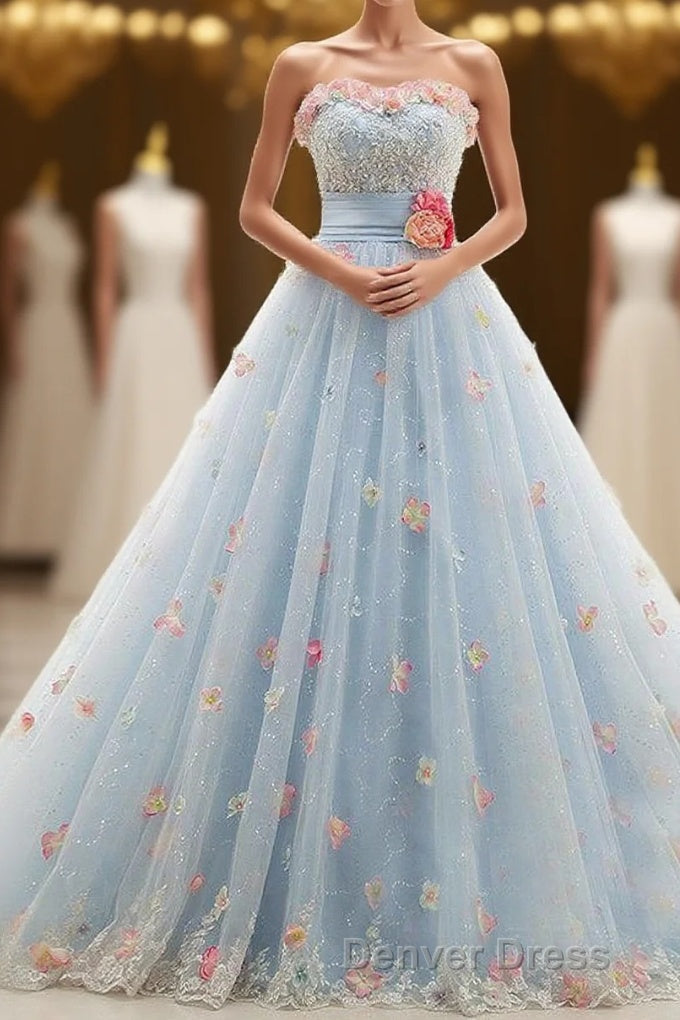 Charming Light Blue Tulle Sweetheart Ball Gowns Court Train Wedding Dresses