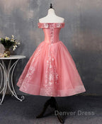 Pink Tulle Lace Off Shoulder Short Prom Dresses, Pink Homecoming Dresses