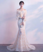 Champagne Tulle Lace Mermaid Long Prom Dress Tulle Lace Prom Dresses