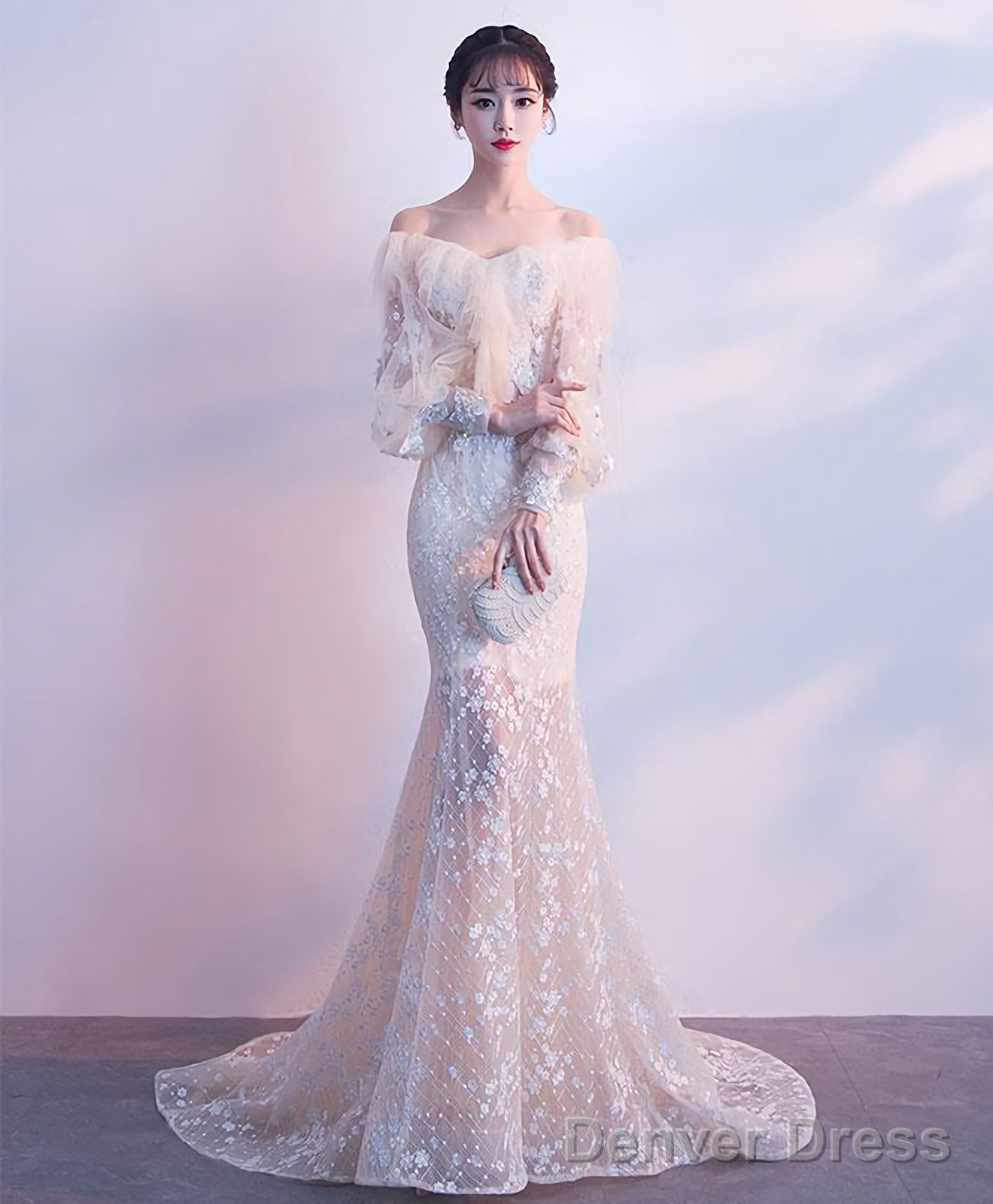 Champagne Tulle Lace Mermaid Long Prom Dress Tulle Lace Prom Dresses