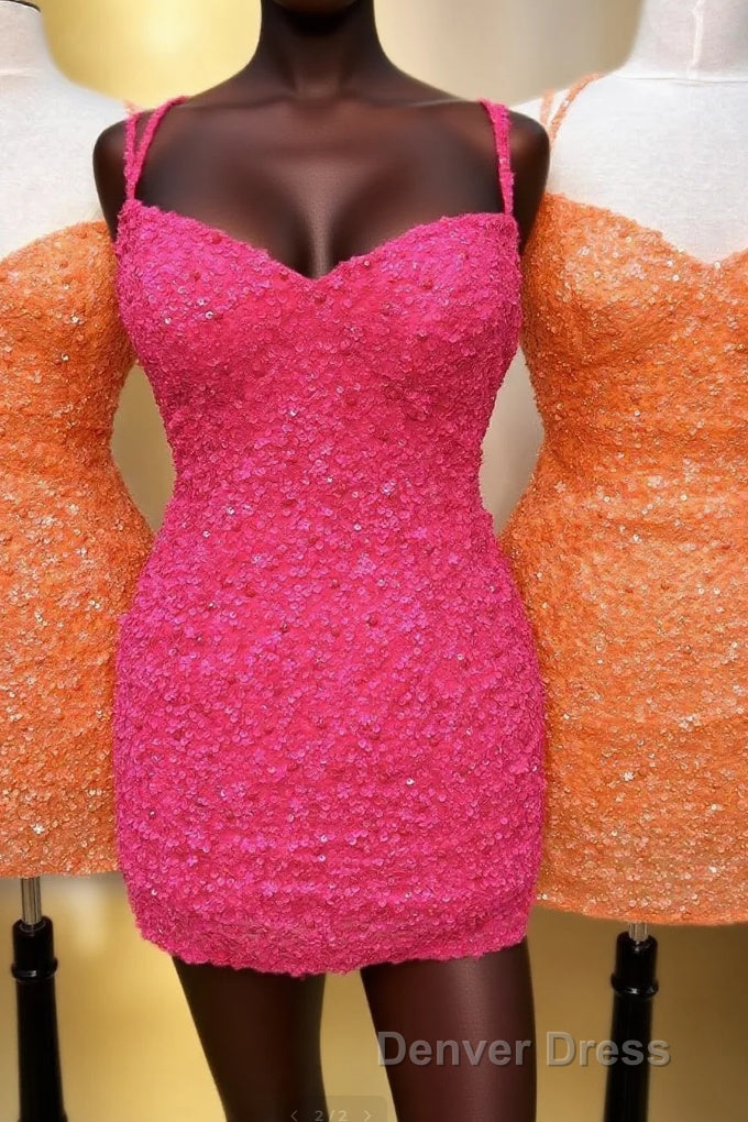 Orange Sequins Double Straps Sheath Homecoming Dresses Main image