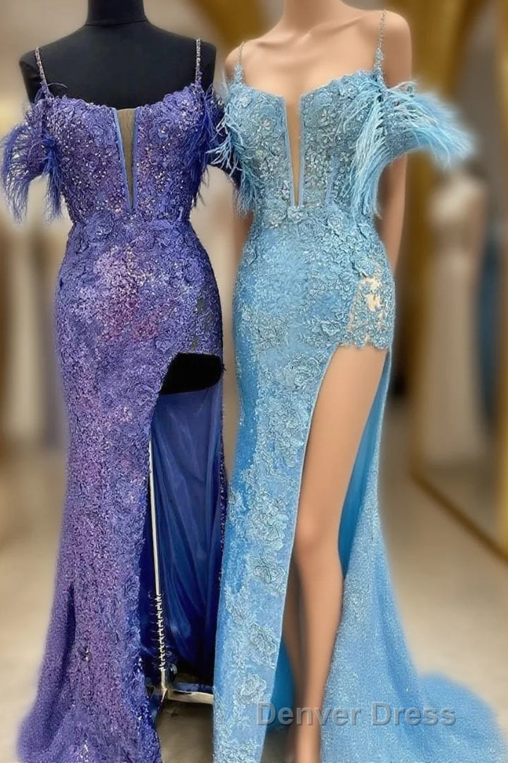 Sequin Feather Cold-Shoulder Mermaid Long Prom Dresses with Slit Main image