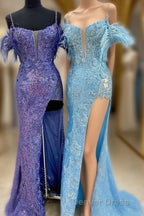 Sequin Feather Cold-Shoulder Mermaid Long Prom Dresses with Slit