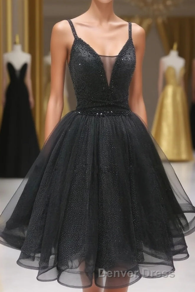 Black Tulle Beads Short Prom Dresses, Black Homecoming Dresses